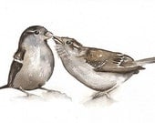 Watercolor Original Painted Art Bird - Sparrows - by Lorisworld