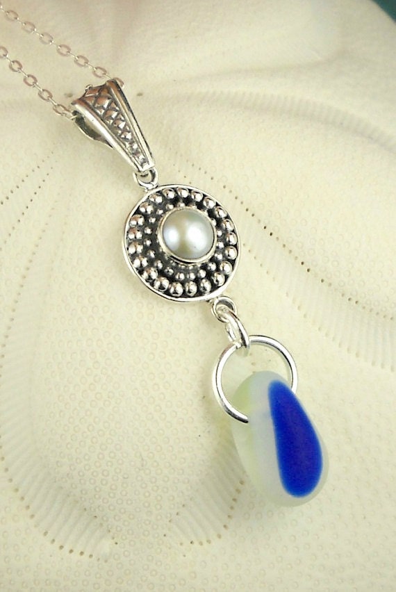 Santa Cruz Sea Glass Jewelry RARE Cobalt Blue White And Pearl Eco Friendly