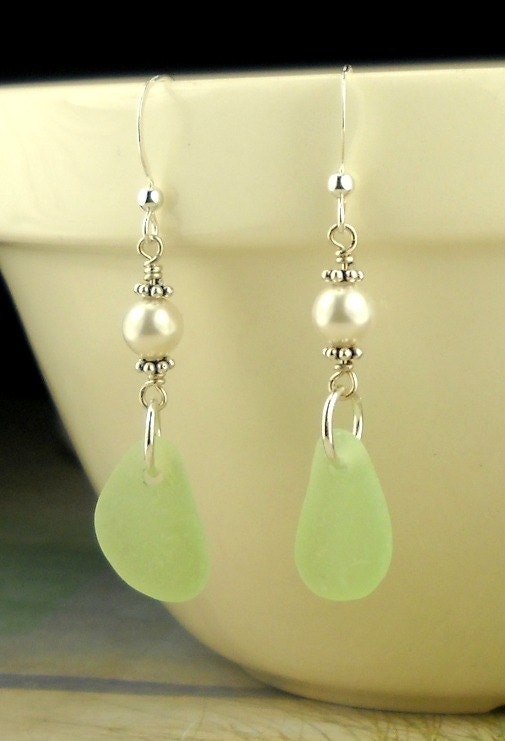 GENUINE Sea Foam Sea Glass Earrings Eco Friendly Sterling Silver Pearls