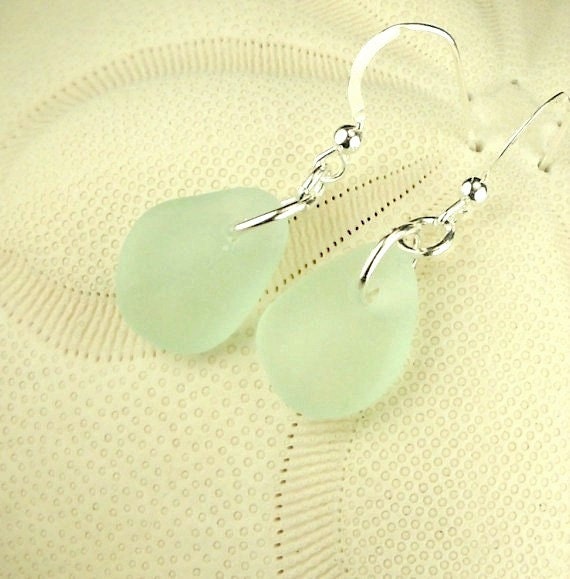 GENUINE Aqua Sea Glass Earrings Sterling Silver