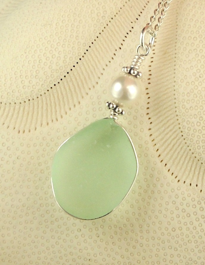 GENUINE Aqua Sea Glass Jewelry Wire Wrapped Necklace Sterling Silver And Pearl Eco Friendly