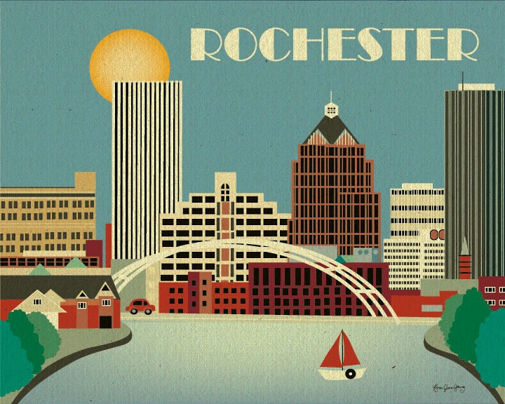 Rochester, New  York Skyline - 8 x 10 horizontal skyline Print for Nursery, Office, Original illustration Home Decor Wall Art E8-O-ROC