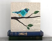 Teal and Gold Ikat Bird on a Branch Over Vintage Book Pages, Bird on Branch Art, Bird Art, Woodland Wall Art, Bird on a Spring Branch, 6"x6"
