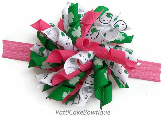 St. Patrick's Day Korker Headband - Hello Kitty and Lucky Shamrocks Korker Bow - Baby Girl Bow - Toddler Korker Hair Clip