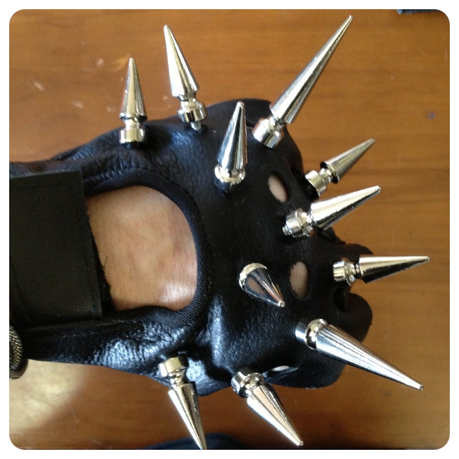 Spike gloves fingerless studs lady gaga mace leather metal heavy metal glam punk goth gothic Chrisst Unique Fashion