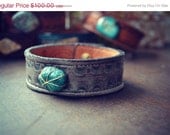MEMORIAL DAY SALE Lux Earthy 1 inch Stacking Grey Recycled Natural Leather Turquoise Boho Gypsy Gemstone Cuff