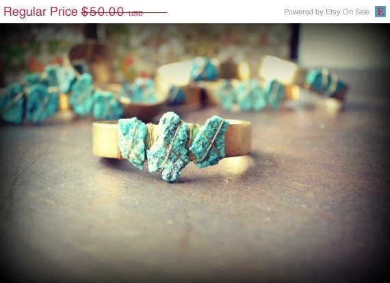 VACATION SALE LUX Three Stone Stacking Brass Bracelet Bohemian Arizona Turquoise Gemstone Cuff