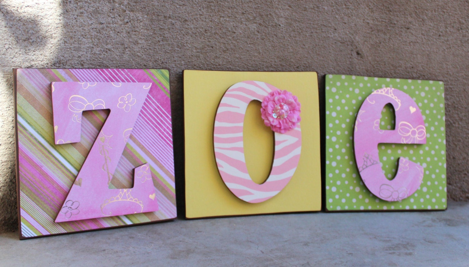 Baby Girl name plaque- custom designed baby girl name on wood squares wall hanging for nursery or child's room sports cars trains 6 inches