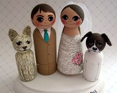Wedding Cake Topper / Customized Wood Peg Dolls /  Couple plus 2 small pegs (perfect for children or pets) and a plaque