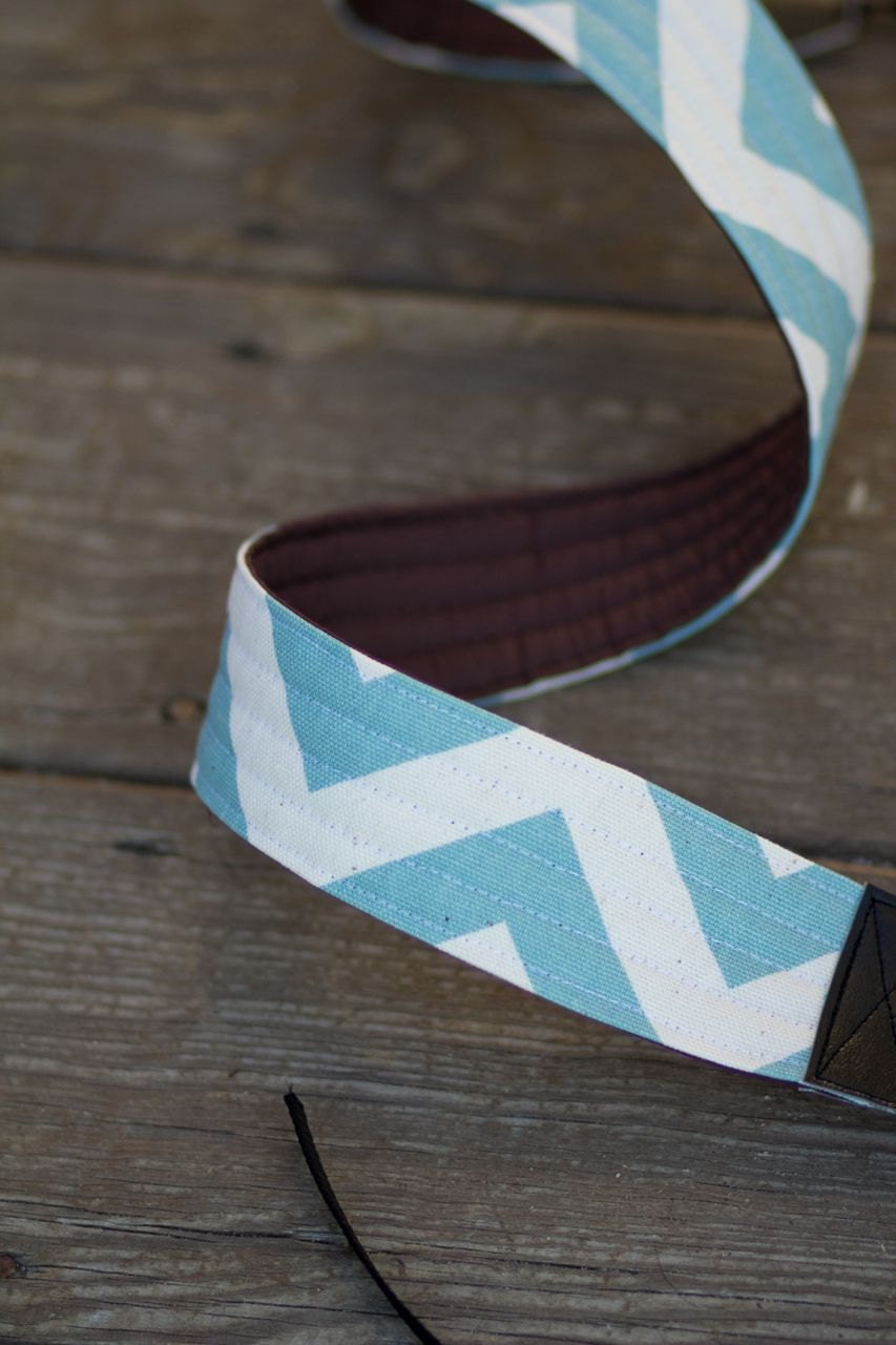 CAMERA STRAP in Blue/Cream Chevron with Chocolate
