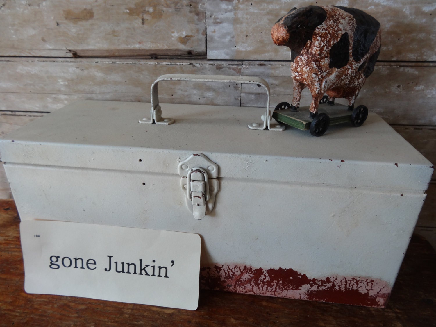Vintage Industrial Cream an Red Metal Tool Box Chippy Shabby
