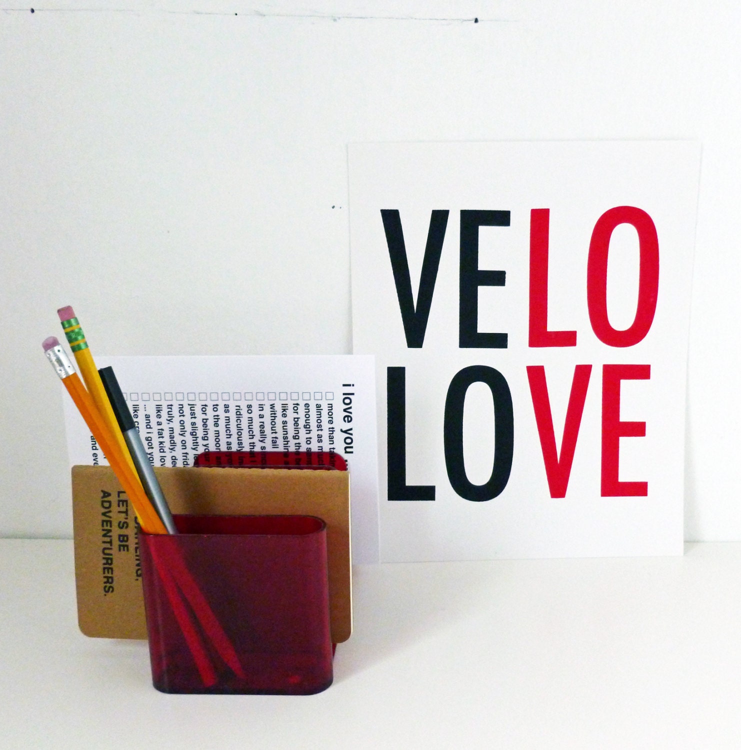 Velo Love Screen Printed Poster - 10x8 - Typography - Red and Black - Bicycle Love