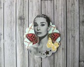 old hollywood AUDREY HEPBURN collage brooch pin or ornament