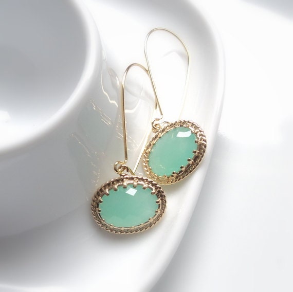 Mint aqua chalcedony GLASS oval and gold dangle earrings.  Bridal earrings.  Bridesmaids earrings.  Wedding earrings. MOTHER'S DAY.