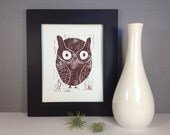 Owl Art Linocut 8x10 PRINT Dark Cocoa Brown Owl 8x10