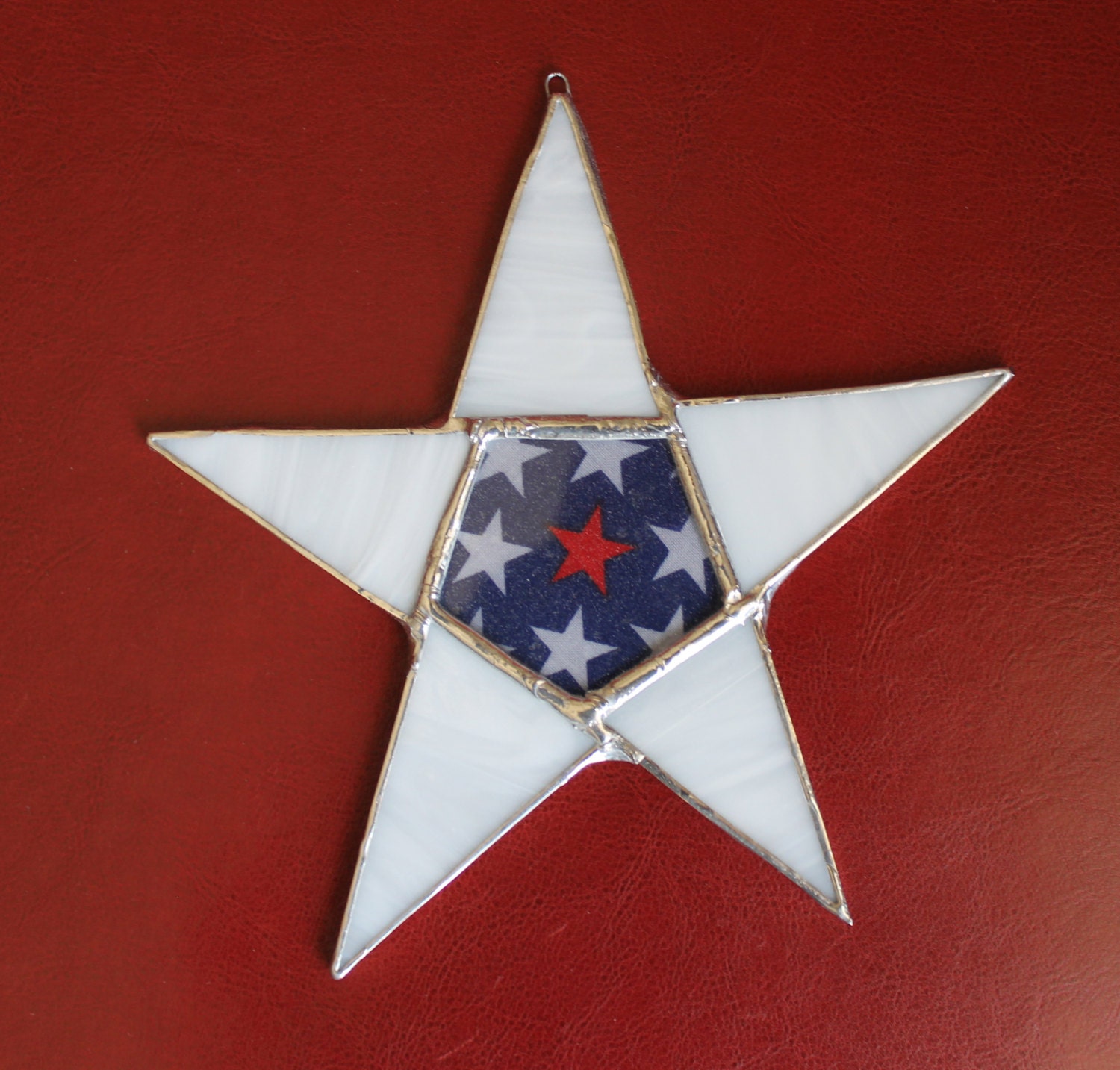 Plump Patriot Star- white stained glass with lacquered fabric on glass center 7inches