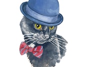 Black Cat Watercolor Painting - Original Art, Bowler Hat, Bow Tie, Cat Illustration, 8x10 Painting