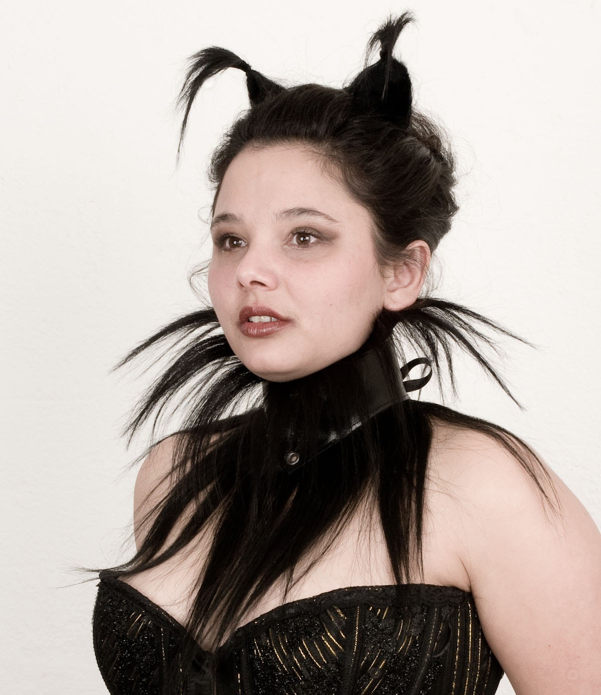 Human hair fringe collar Black leather high collar Neck corset Choker posture collar Dark fashion