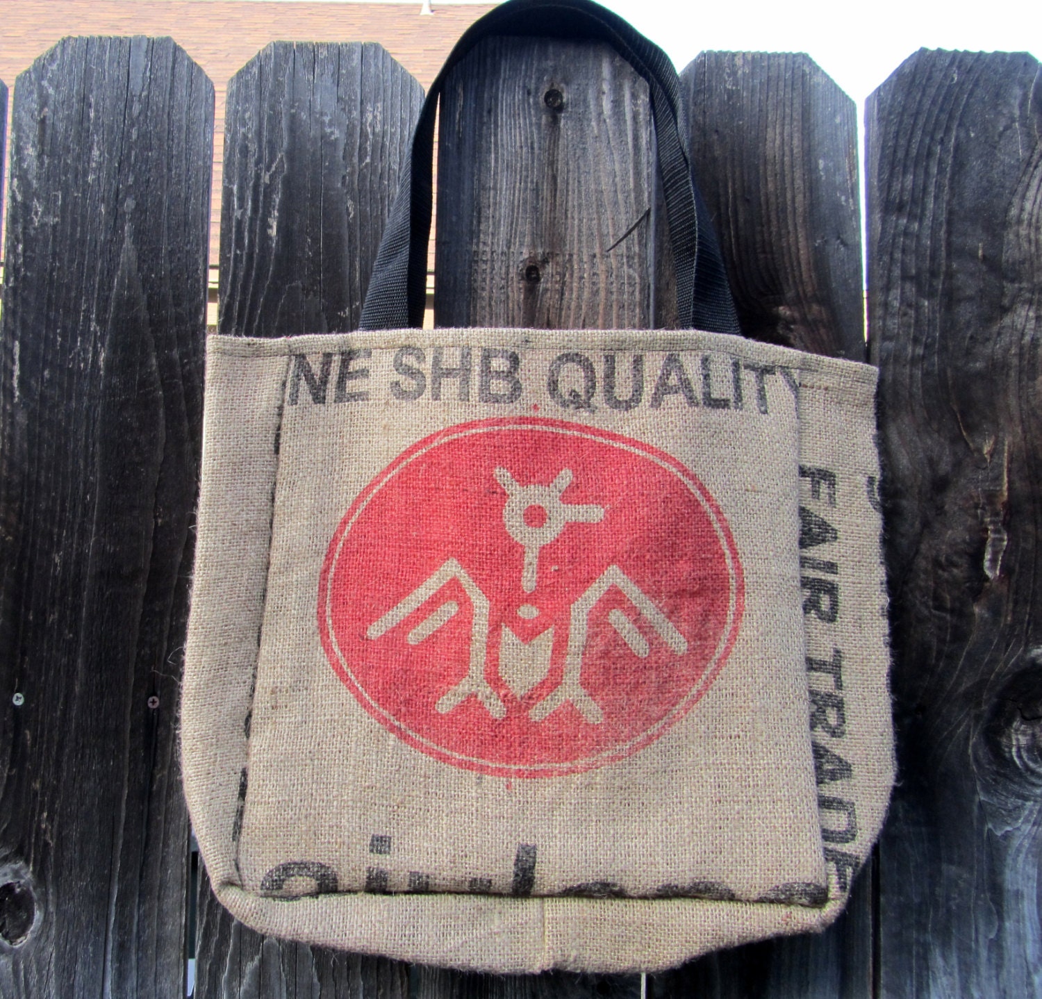 Coffee Burlap Tote Bag- Guatemala with Red/White Polka Dot Lining