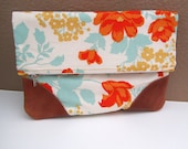 Fold Over Leather Trimmed Zippered Clutch- Orange and Blue Floral with Polka Dot Lining