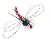 Dragonfly Hair Pin - Garnet and Red Pearl Oxidized Sterling Silver - Dragonfly Jewelry -Tagt Team