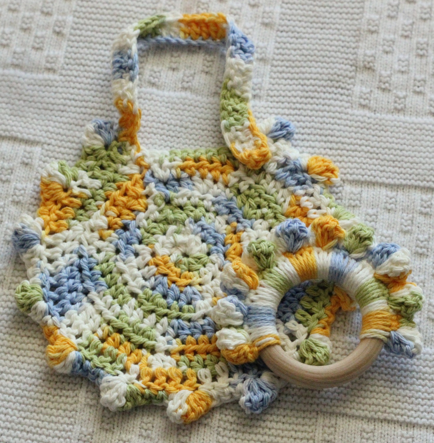 Maple Wood and Cotton Crochet natural baby Teether and Bib Set Green Blue Yellow and White