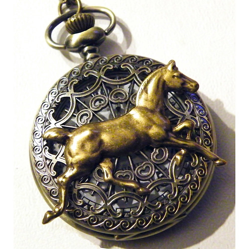 Steampunk Pocket Watch Retro Victorian Gothic Style Horse Necklace or Chain Fob Goth