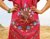 Romantic Maroon Hand Embroidered Vintage Mexican Bohemian Gypsy Dress