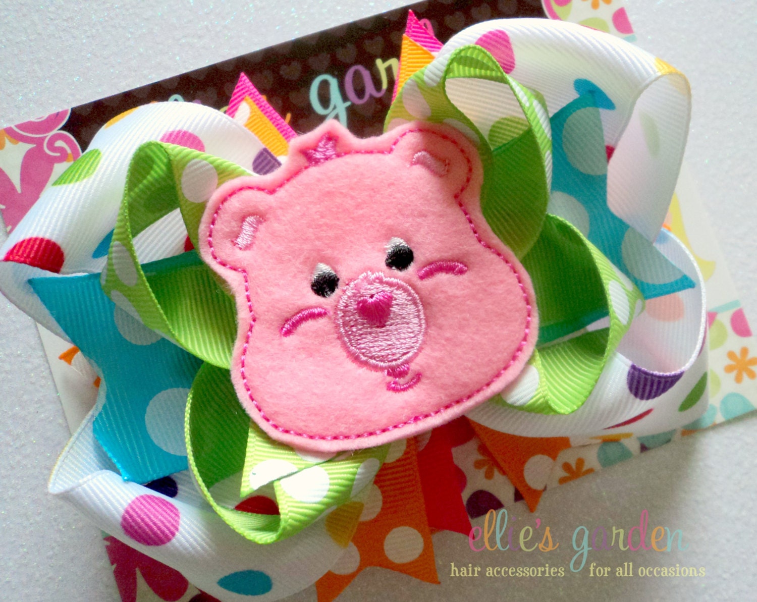 Embroidered M2M Care Bear Boutique Style Hair Bow Hot Pink Lime Green Orange Turquoise Bright Dots