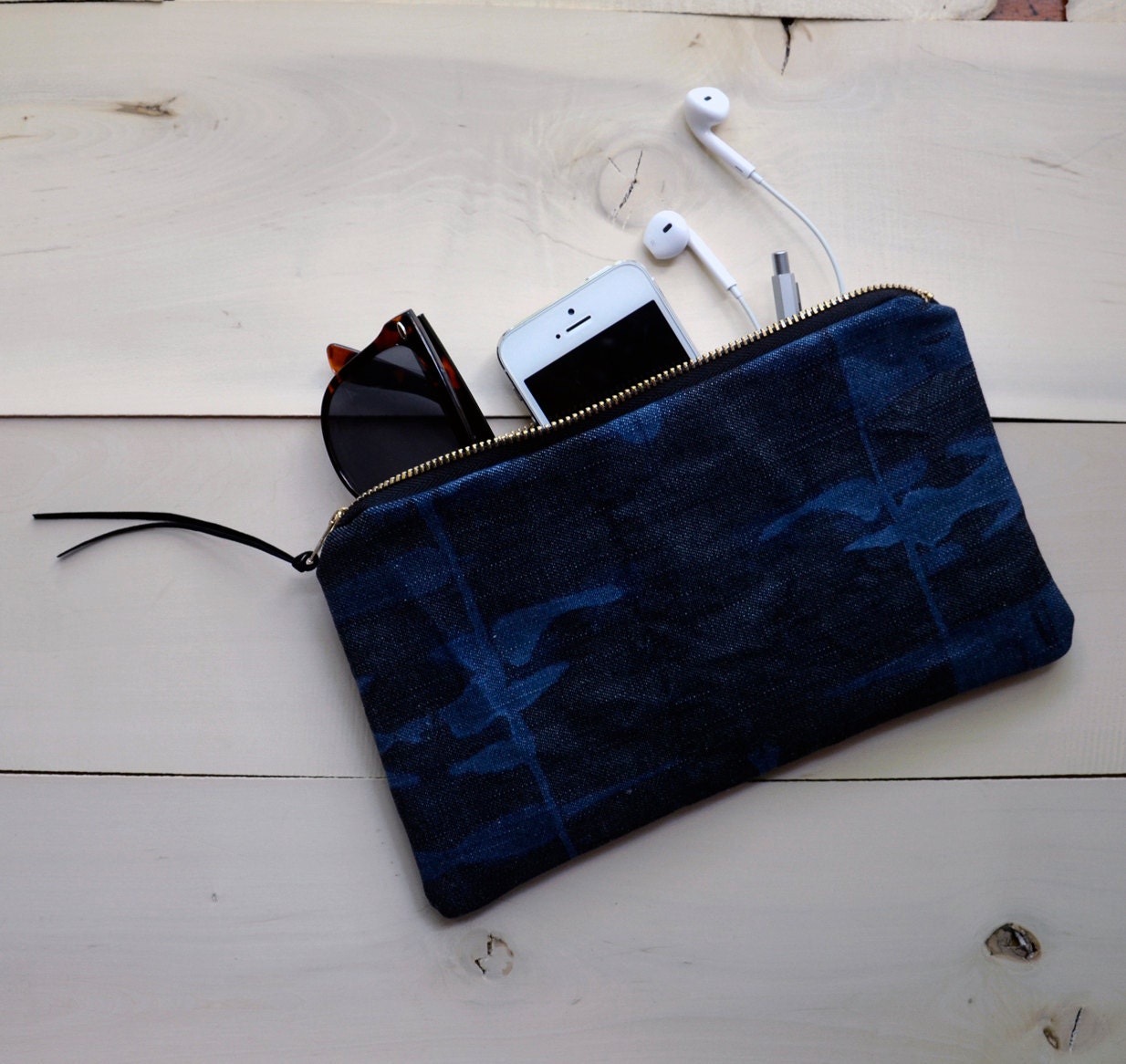 Bleached Reverse Tie Dyed Indigo Denim Zippered Pouch with Ultrasuede Pull