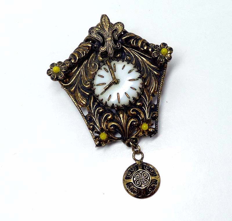 Coo Coo Clock Brooch Signed Czechoslovakia