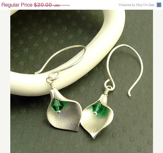 On Sale 10 % off Jewelry - Dangle Earings - Brushed Silver Calla Lily Earrings, Emerald Green Swarovski Crystal