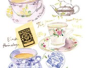 Tea time in Paris, 8X10 print, Kitchen art, Watercolor, tea poster, Blue, Romantic, french art