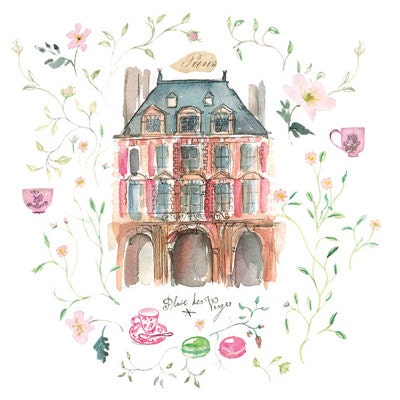 Paris is blooming, Paris art, Watercolor illustration fine art print, 8X8 watercolor painting of le Marais in Paris, French wall art