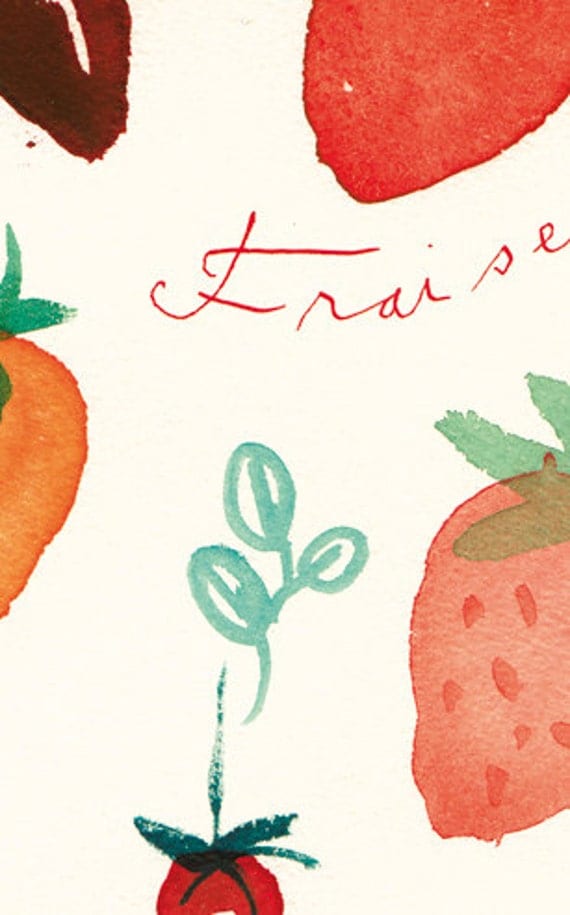 Kitchen decor, Strawberry illustration art print, Watercolor red fruit painting, 8X10 food poster