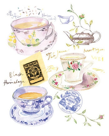 Tea time in Paris, 8X10 print, Kitchen art, Watercolor, tea poster, Blue, Romantic, french art