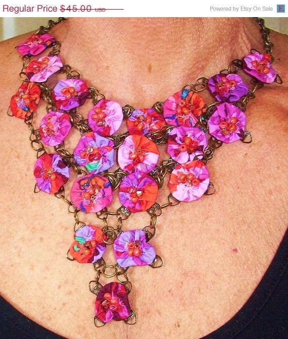 25% off Sale Red, Pink, Purple & Orange with Brass Bib Necklace on Etsy