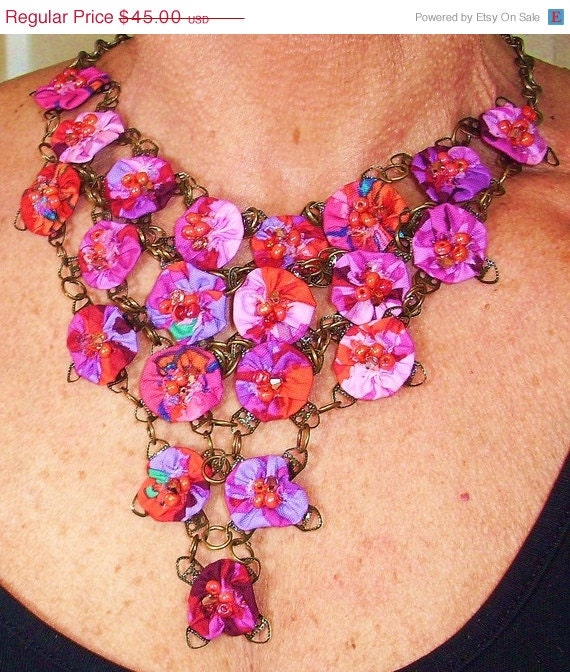 25% off Sale Red, Pink, Purple & Orange with Brass Bib Necklace on Etsy