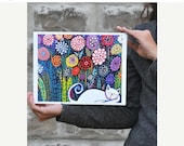 50%  OFF SALE - WHITE Cat Art Print Poster Art of Painting Flower Garden Folk Art - Wedding Gifts