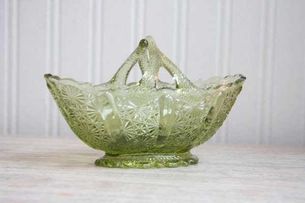 Fenton Glass, Vintage Fenton Glass, Green, Olive, Glass Basket, Candy Dish