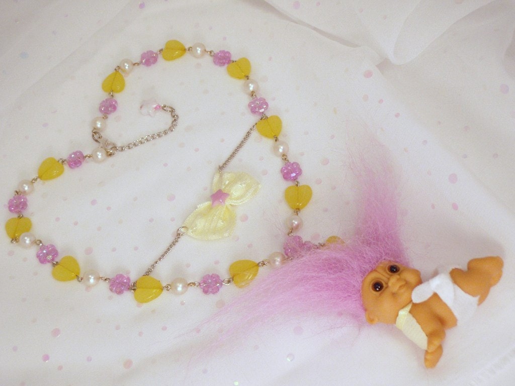 Pastel Purple Baby Troll Bow and Beads Necklace Pendant Blue Violet Lavender and Ywllow White and Pearl