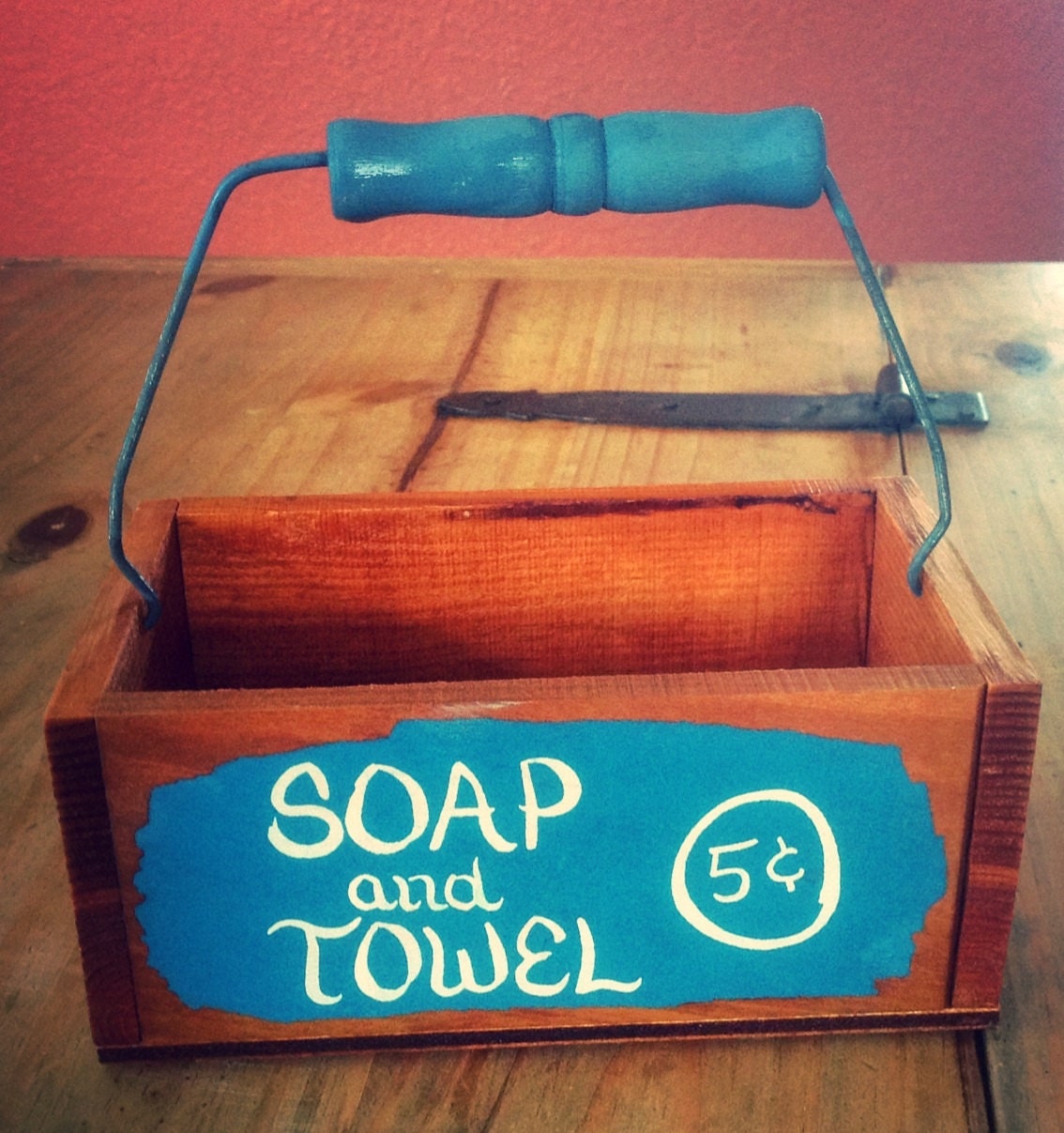 Vintage wooden soap and towel basket box