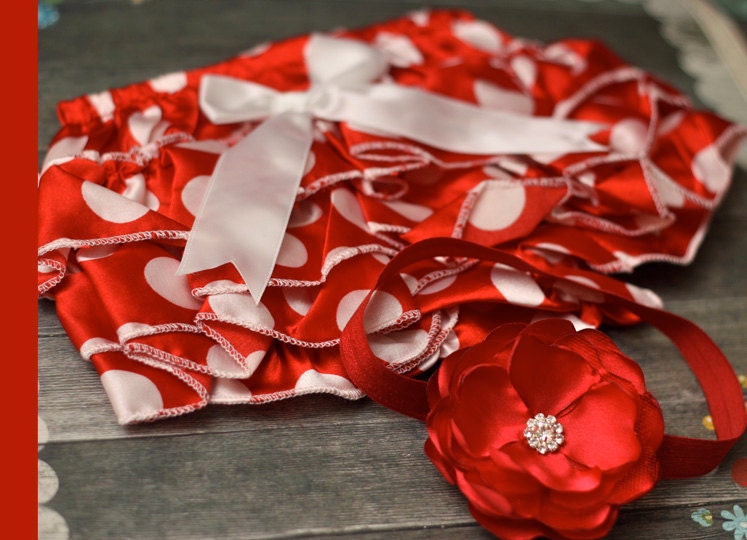 Ready to Ship. Red Satin Polkadots Bloomer / Headband Set. Size 0-6 months. Newborn prop. Baby prop.