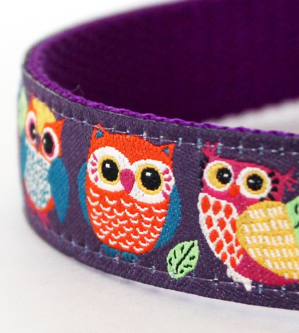 Orange Woodland Owls Dog Collar on Deep Purple Background  / Adjustable / European Ribbon