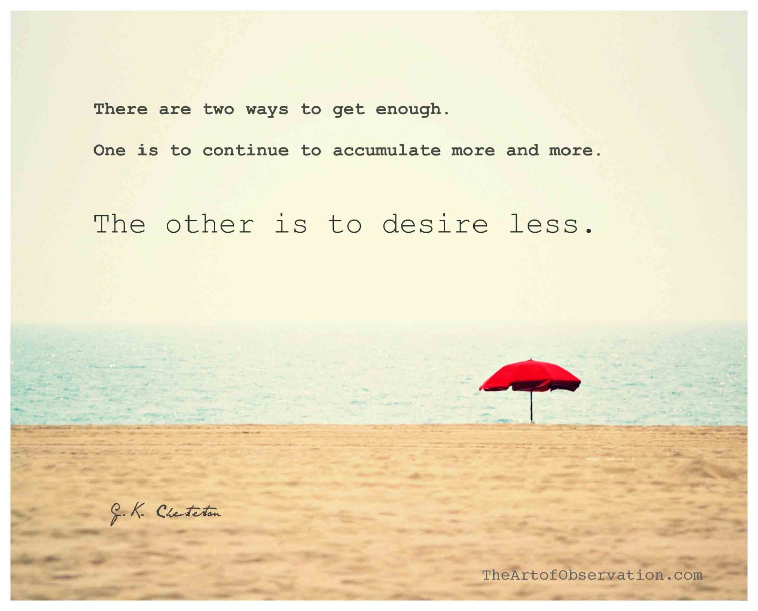 Life Quotes, GK Chesterton, Minimalist Beach Red Umbrella, landscape photograph, 8x10, words of wisdom