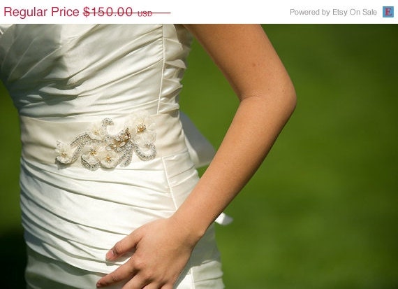 20% OFF Bridal Sash Belt with Handmade Organza Flowers and Vintage Rhinestones and Faux Pearls in Ivory