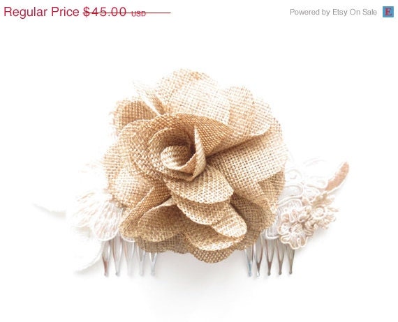 20% OFF Burlap Bridal Accessory in Champagne and Ivory with a Burlap Inspired Rose Worn as a Comb, Clip or Headband