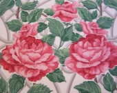 Vintage Wallpaper Pink and Red Cabbage ROSES scroll work Shabby Cottage Decor Framing Hat Boxes Journal covers mixed media art ATC Tags 1 YD
