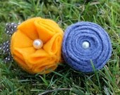 Gray and Yellow Flower with Pearls and Guinea Feathers