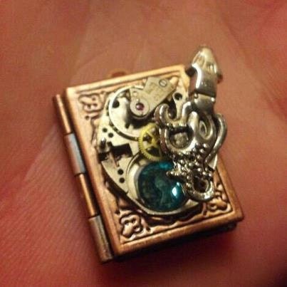 Release the Kraken - Book locket with watch movement, rhinestone and squid charm